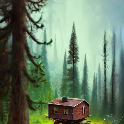 Prompt: a walking wood and metal house with two legs and one big eye, smoky chimney, rust, hyperrealistic, highly detailed, cinematic, single ray of sun, morning, pareidolia, dynamic composition, gravity falls style, disney, ghibli, beautiful, pine trees in the background, cgssociety, artstation, 8 k, oil painting, digital art