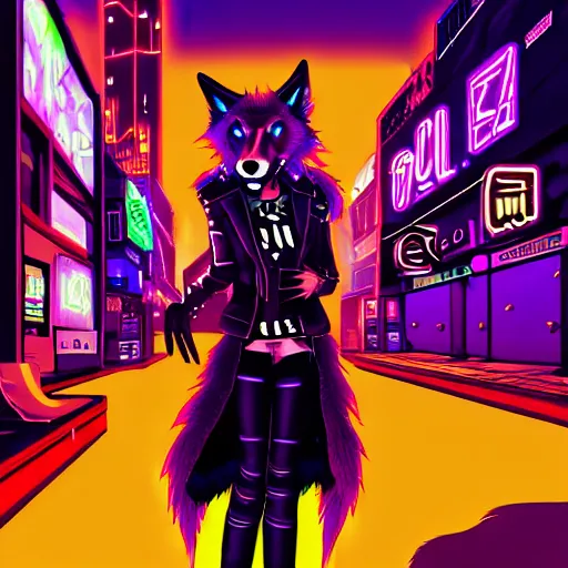 Prompt: beautiful furry digital art portrait commission of an androgynous furry anthro wolf fursona wearing punk clothes in the streets of a cyberpunk city. neon signs, detailed background, futuristic adverts, holographics. character design by zaush, rick griffin, tessgarman, angiewolf, rube, miles df, fa, furraffinity