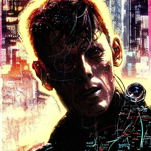 Prompt: Corto from the novel Neuromancer, washed up ex soldier, portrait shot, wires, cyberpunk, movie illustration, poster art by Drew Struzan