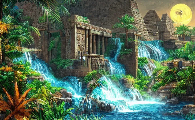 Image similar to ancient egypt structure with plants and waterfalls, epic retrowave art, trending on art station