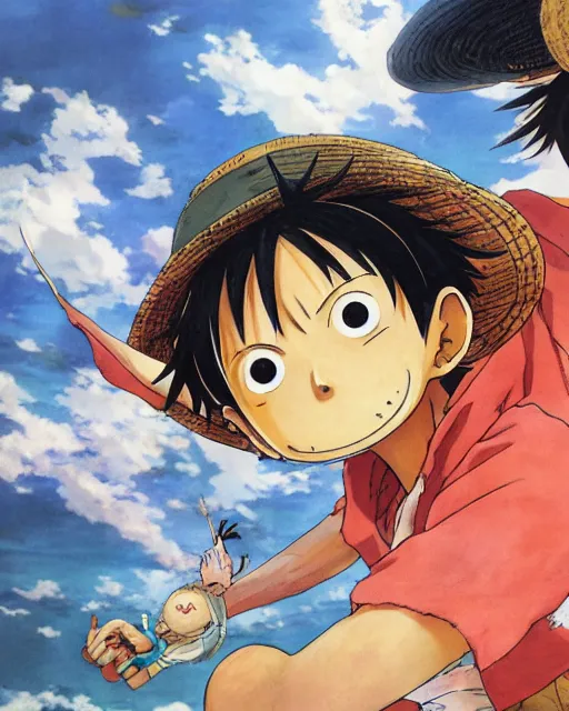 Image similar to luffy, art by makoto shinkai and alan bean, yukito kishiro