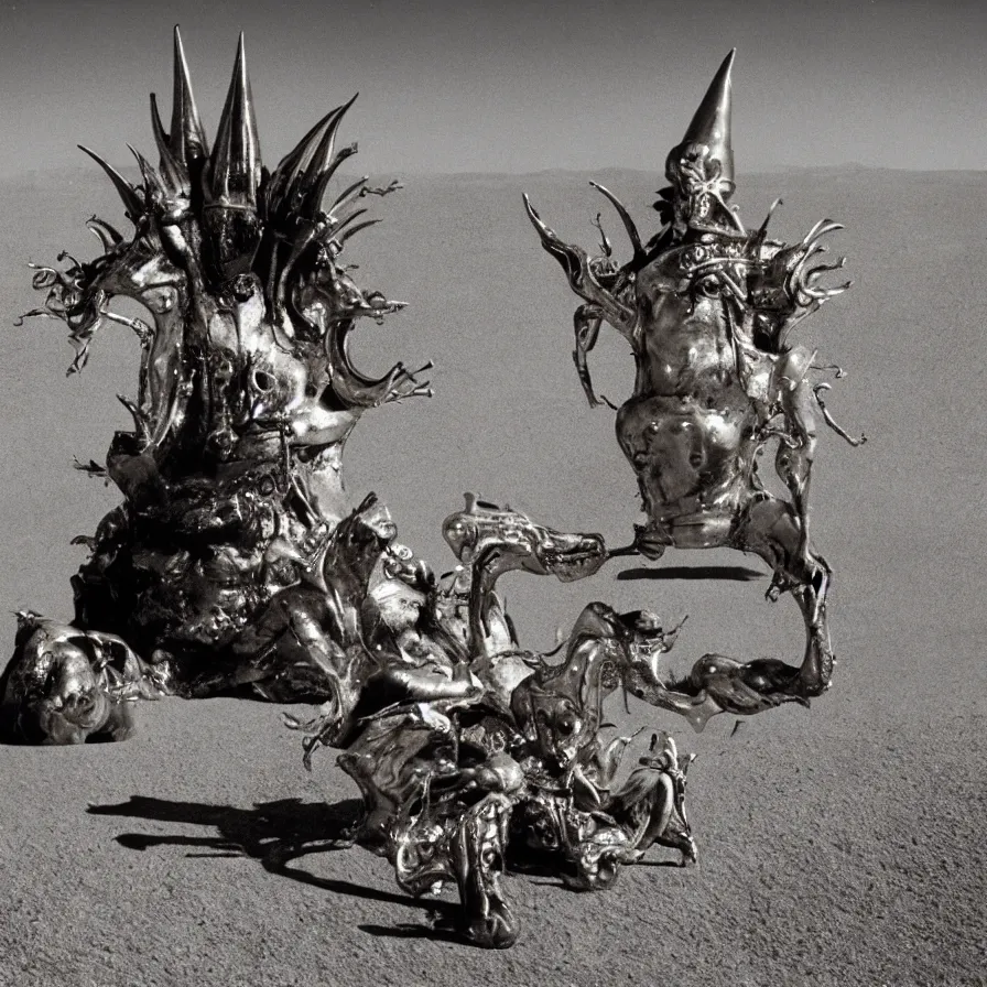 Image similar to salvador dali wearing a golden horned crown and jewels in a dry sand desert landscape, alien spaceship by giger in the landscape, film still from the movie by alejandro jodorowsky with cinematogrophy of christopher doyle and art direction by hans giger, anamorphic lens, kodakchrome, very detailed photo, 8 k