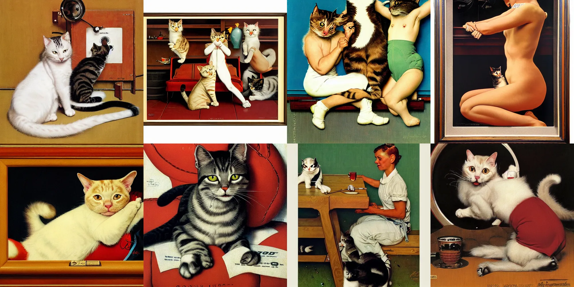 Prompt: sport logos of cats by Norman Rockwell and Gil Elvgren, highly detailed,soft lighting, film grain, medium format, 8k resolution, oil on canvas