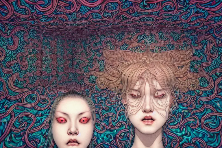 Image similar to realistic detailed image of women floating in a padded room, conjuring psychedelic background, part by takato yamamoto, part by alex gray, ross tran, james jean, ultra realistic, octane render, highly detailed, 8 k, trending on artstation, cosmic, symmetry, masterpiece