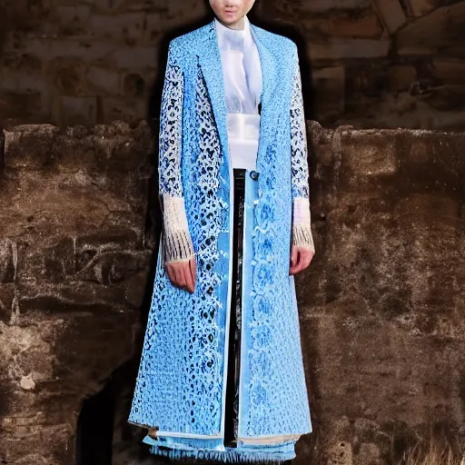 Image similar to fashion 2 0 5 0 fantastic openwork long coat with intricate pattern on a beautiful symmetrical girl with blue hair, hyper realistic photos