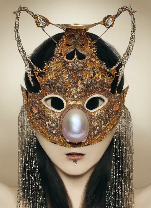 Image similar to hyperrealism, detailed textures, award winning autochrome photo, symetrical japanese pearl, beautiful animal pearl queen, perl head, pearl skin, autochrome pearl portrait, pearl silverplate, intricate, detailed facial pearl scary animal mask, pearl, golden jewelery, silverplate, ultra realistic, cinematic, intricate, cinematic light by steve mccurry, unreal engine 8 k