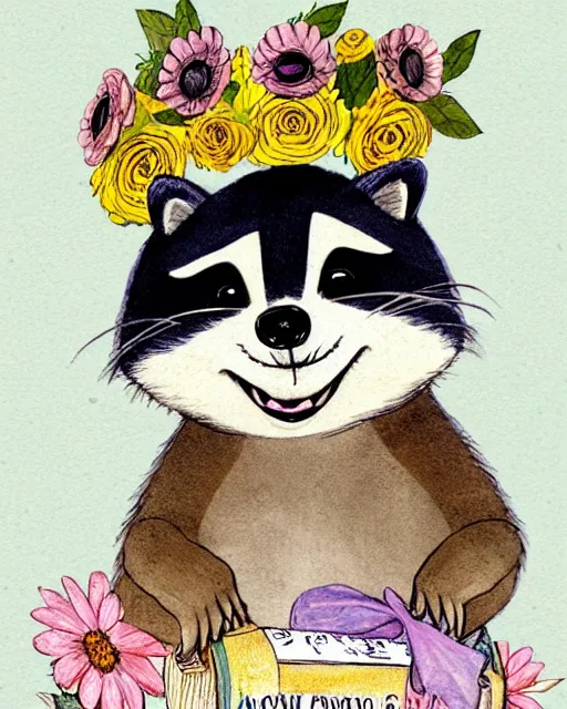 Prompt: a storybook illustration of a smiling happy cute raccoon wearing a flower crown, by antoine de saint - exupery and annabel kidston and naomi okubo and jean - baptiste monge. a child storybook illustration, muted colors, soft colors, low saturation, fine lines, white paper