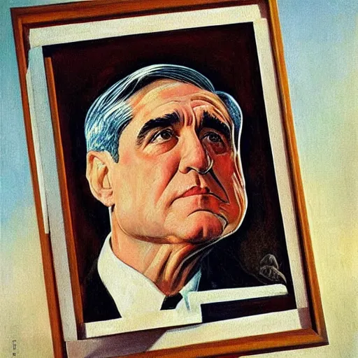 Prompt: socialist realist painting of robert mueller!!! standing with folded arms, czech movie poster by j. c. leyendecker and diego rivera