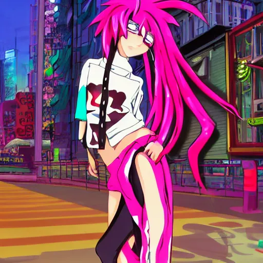 Prompt: anime girl with eccentric clothes, long spiky pink hair, cel - shading, 2 0 0 1 anime, flcl, jet set radio future, night time, entertainment district, colorful buildings, lines of lights, christmas lights, rollerskaters, cel - shaded, jsrf, strong shadows, vivid hues, y 2 k aesthetic