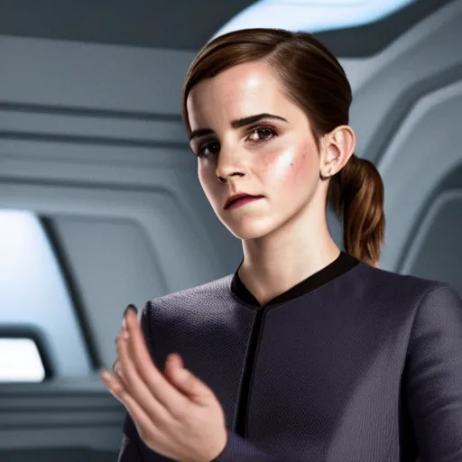 Image similar to Emma Watson in Star Trek, XF IQ4, f/1.4, ISO 200, 1/160s, 8K, RAW, Dolby Vision, symmetrical balance, in-frame