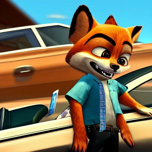 Image similar to Grand Theft Auto: San Andreas loading screen featuring Nick Wilde (from Zootopia)