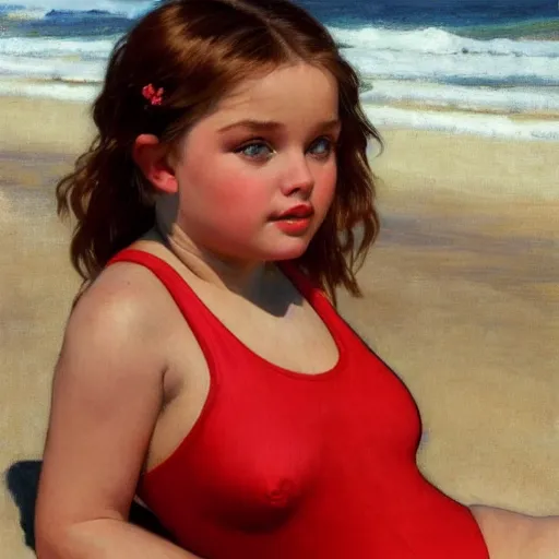 Image similar to portrait of cute young chubby courtney cox in red swimsuit sitting on a beach, intricate, hyperdetailed, photorealistic, diffuse lighting, hdrp, artstation, unreal 5, smooth, textless, sharp focus, art by john collier, albert aublet, krenz cushart, artem demura, alphonse mucha