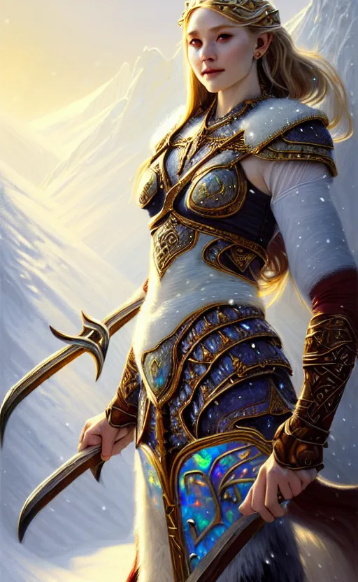 Image similar to opal viking warrior, regal, elegant, winter, snow, beautiful, stunning, hd, illustration, epic, d & d, fantasy, intricate, elegant, highly detailed, wide angle, digital painting, artstation, concept art, smooth, sharp focus, illustration, wallpaper, art by artgerm and greg rutkowski and alphonse mucha and jin xiaodi