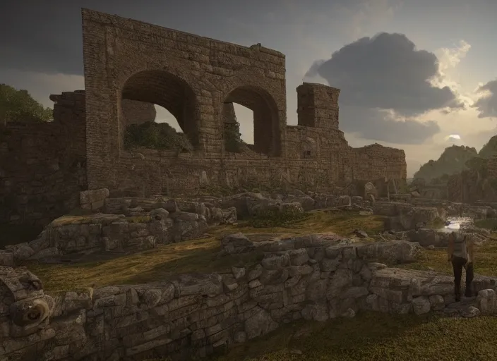 Image similar to a land ruins with a fort in the middle, golden pillars, water tunnels below and a time gate to another dimension, a wounded man standing watching over, dramatic lighting, dawn, by caspar david friedrich, unreal engine 5