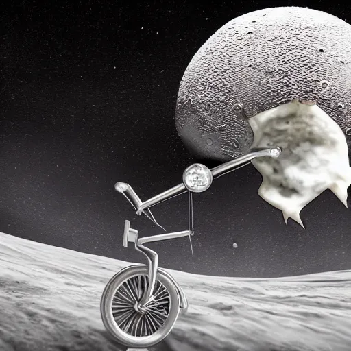 Image similar to a stainless steel bike, with swiss cheese wheels a wheel, a rat cycling fast on the surface of the moon and drives away from a huge and dangerous mushroom cloud of a nuclear explosion. photorealistic