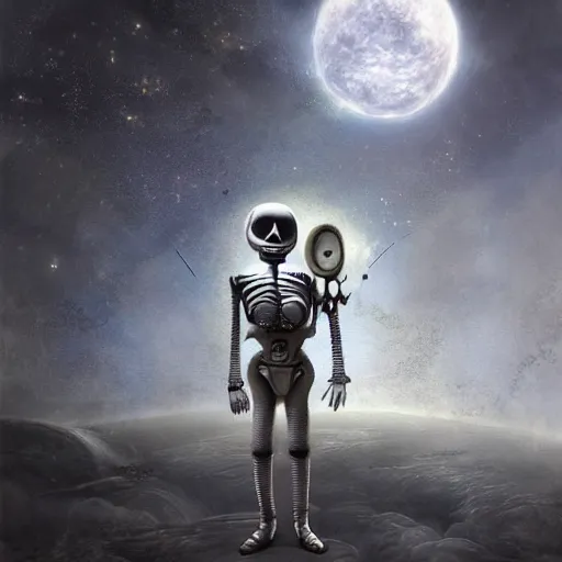 Prompt: michal karcz surrealism grunge drawing of the end of an astronaut happy in the galaxy. , in the style of jack skellington, in the style of a clown, loony toons style, horror theme, detailed, elegant, intricate, 4k, Renaissance painting