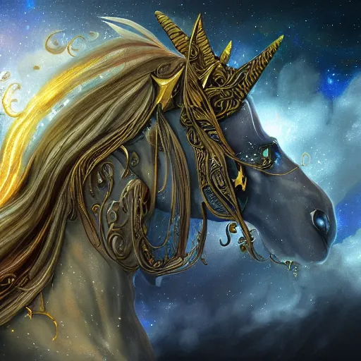 Image similar to a wlop 3 d render of very very very very highly detailed beautiful mystic portrait of a phantom undead golden unicorn with whirling galaxy around, tattoos by anton pieck, intricate, extremely detailed, digital painting, artstation, concept art, smooth, sharp focus, illustration, intimidating lighting, incredible art,