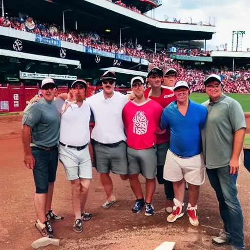 Prompt: bachelor party at baseball game. photography. realistic. fun.