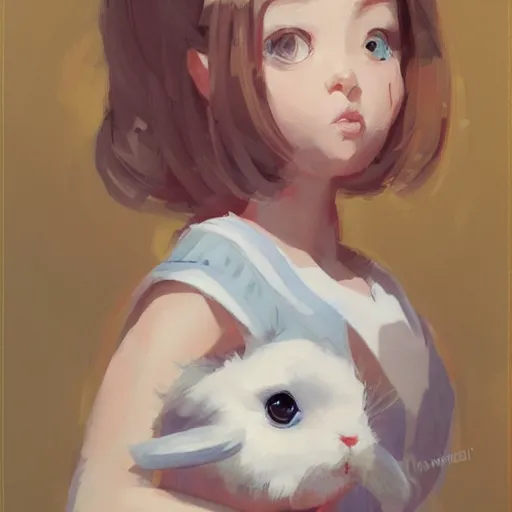 Image similar to portrait of a cute girl holding a white rabbit looking directing at camera, strong brush stroke, very high detailed, symmetrical face, sharp focus, illustration, morandi color scheme, art station, by krenz cushart, h 7 0 4