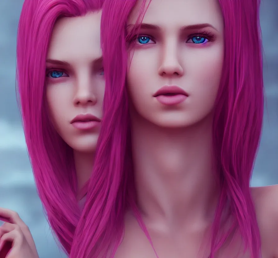 Image similar to beautiful model + pink hair + nice skin + beautiful eyes trending instagram, cinematic 4 k wallpaper, 8 k, ultra detailed, by popular digital artist, artstation