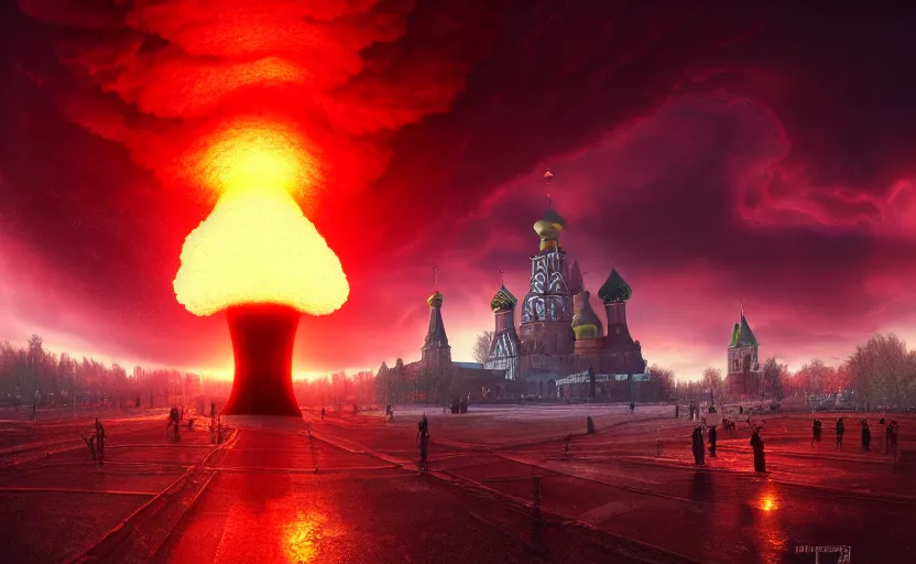 Prompt: nuclear explosion with realistic nuclear mushroom in Red Square Kremlin, beautiful dynamic lighting, cinematic shot, extremely high detail, photo realistic, cinematic lighting, post processed, artstation, matte painting, digital painting