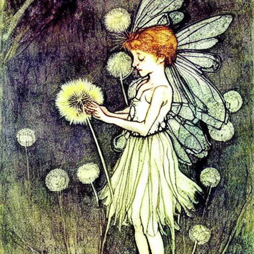 Image similar to a beautiful fairytale painting of a dandelion seed that is also a fairy. the dandelion seed is the body of the fairy. beautiful clear painting by arthur rackham