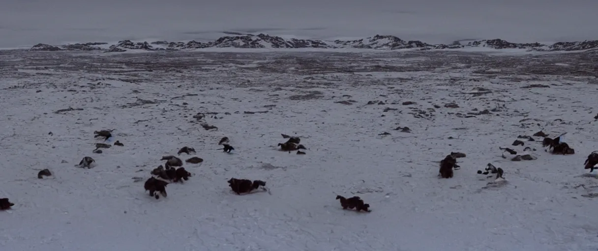 Image similar to filmic extreme wide shot movie still 4 k uhd interior 3 5 mm film color photograph taken at night of a bunch of creatures running around mcmurdo station in antartica