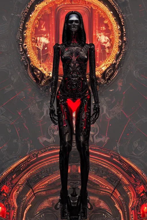 Image similar to full-body cyberpunk style sculpture of a young beautiful dark priestess, half android with a head opening exposing circuitry, glowing red eyes, black roses, flowing blood red colored silk, fabric, candles. baroque elements, human skull. full-length view. baroque element. intricate artwork by caravaggio, crows flying in background. Trending on artstation, octane render, cinematic lighting from the right, hyper realism, octane render, 8k, depth of field, 3D