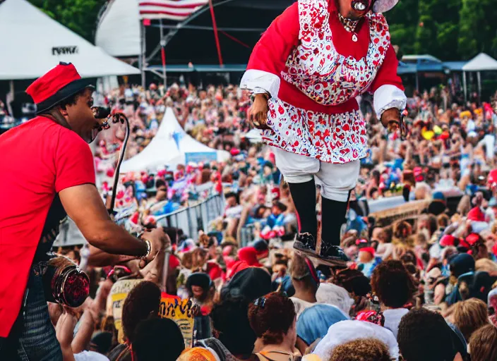 Image similar to photo still of aunt jemima in period attire at vans warped tour!!!!!!!! at age 4 0 years old 4 0 years of age!!!!!!! on stage throwing pancakes to the crowd, 8 k, 8 5 mm f 1. 8, studio lighting, rim light, right side key light