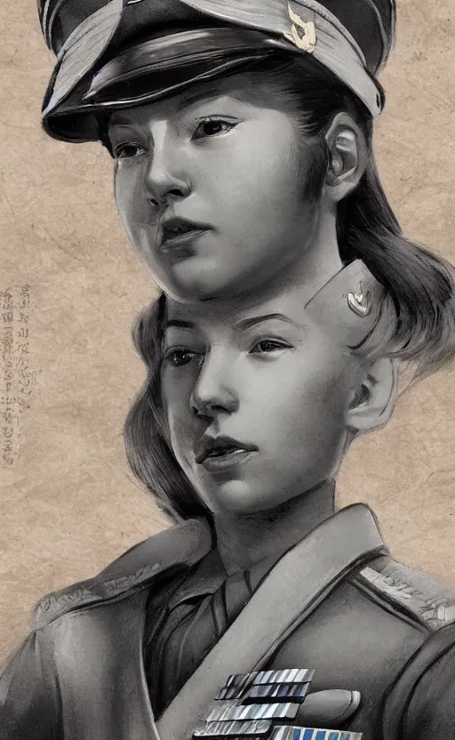 Prompt: portrait of a girl in admiral uniform, highly detailed, high resolution, military naval port in the background, the front of a modern trading card, illustration, character concept art, stunning, ijn style, matte, 100mm, by japanese artist shibafu, realistic human anatomy, world war 2 era, realistic warship design, digitally draw on wacom tablet, low saturation, small eyes, hard surfaces