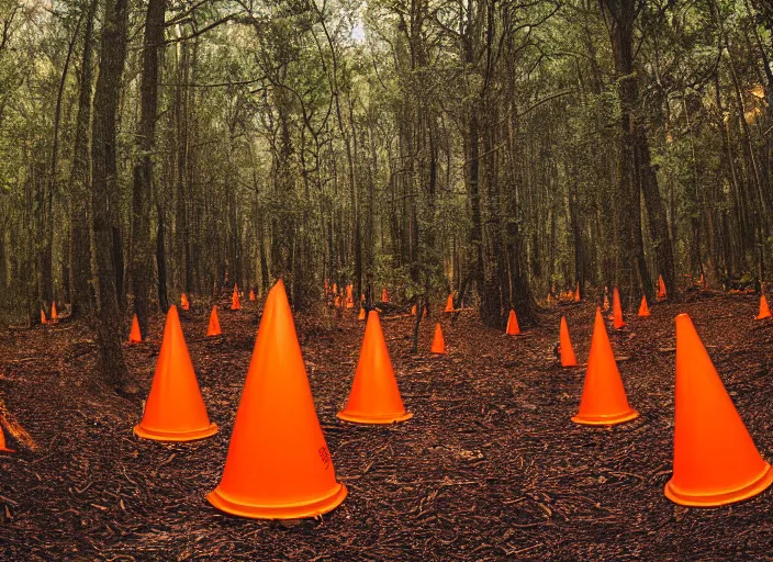 Image similar to a few orange safety cones in a beautiful strange forest, cinematic, atomspheric lighting, detailed by james jean, 2 4 mm lens, surreal