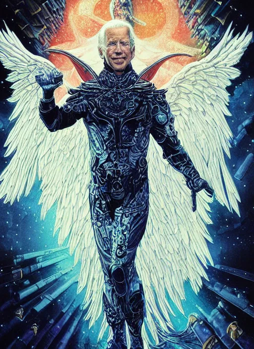 Prompt: joe biden's angelic true form revealed, fantasy, heroic, high details, intricate details, by vincent di fate, artgerm julie bell beeple, 1 9 8 0 s, inking, vintage 8 0 s print, screen print