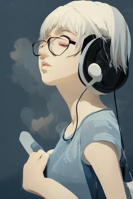 Image similar to a cute young woman listening to music with her eyes closed and wearing headphones by Ilya Kuvshinov, white bob cut hair, freckles, dark thunderclouds in the backround, blue filter, blue and white, vivid colors, soft lighting, cinematic, moody, nier automata, poster, oil on canvas, 8k