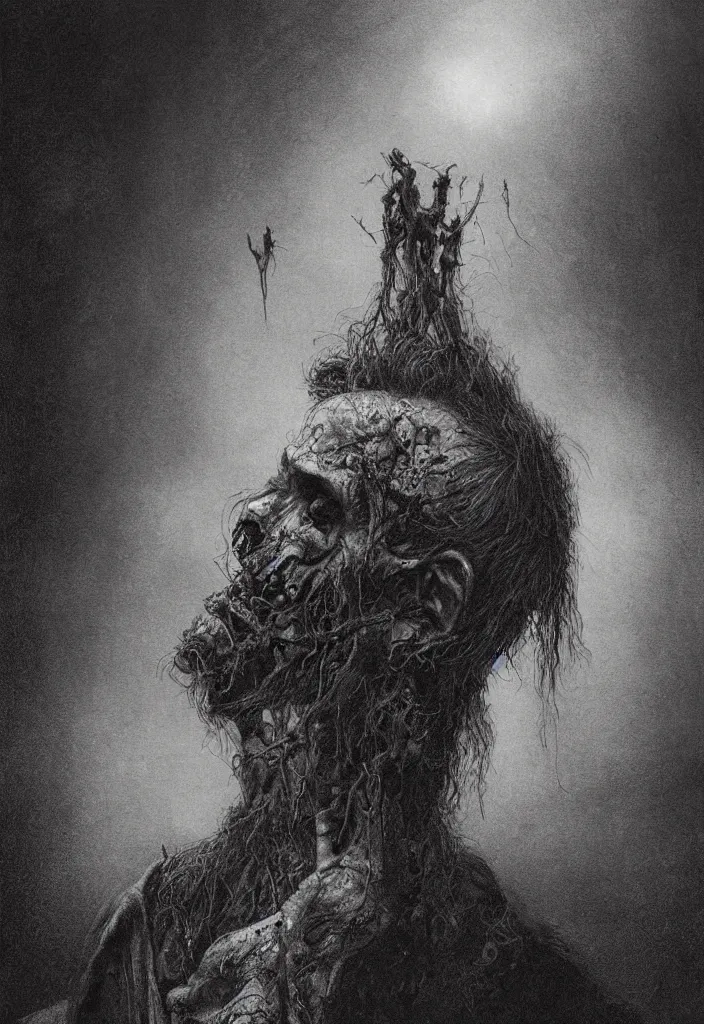 Prompt: profile portrait of a zombie, creepy atmosphere, dark, portrait, very realistic, illustration by gustave dore