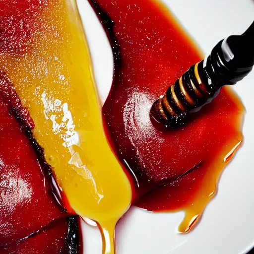 Prompt: honey splashing on crimson - black fork, hyper realistic, award winning slow - motion food photography