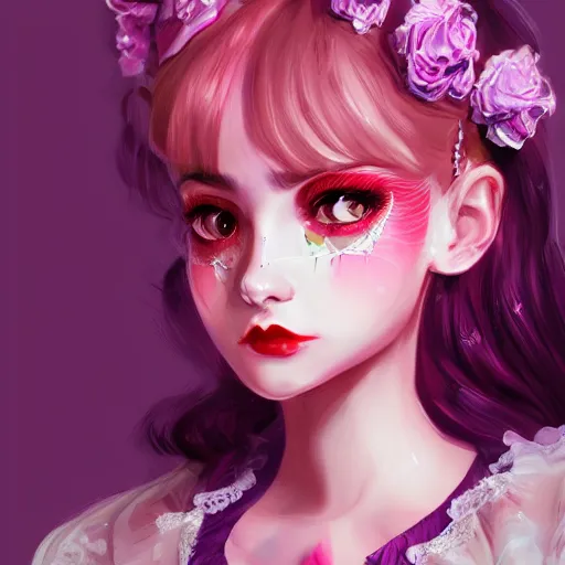 Image similar to a girl wearing lolita clothes, purple lipstick, highly detailed, digital painting, artstation, concept art, smooth, sharp focus, illustration