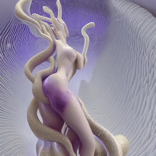 Image similar to 3 d pyro liquid simulation render, octane render, xparticles, abstract female bodies, intricate details, female body covered in white blanket, white carved abstract sculpture, amethyst mineral quartz, swirly curls, abstract white fluid, golden edges and fractals, wasili kandinski, artstation, render, cinema 4 d, art noveau fresco, liquid acrylic painting