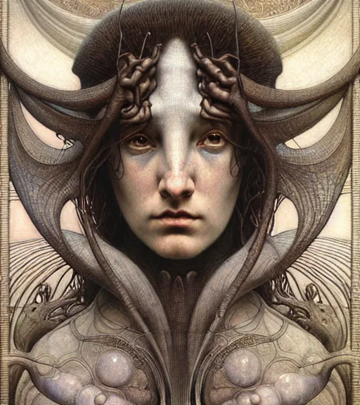 Image similar to detailed realistic beautiful young medieval alien robot grimez face portrait by jean delville, gustave dore and marco mazzoni, art nouveau, symbolist, visionary, gothic, pre - raphaelite. horizontal symmetry by zdzisław beksinski, iris van herpen, raymond swanland and alphonse mucha. highly detailed, hyper - real, beautiful