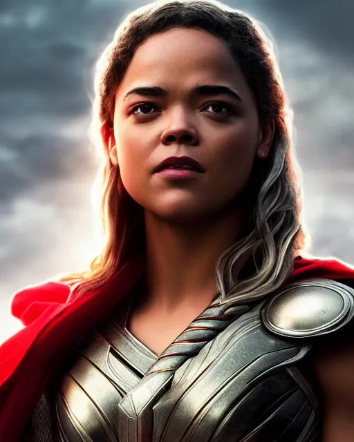 Prompt: 5 5 mm portrait photo of tessa thompson as thor. magical atmosphere. art by artgerm and greg rutkowski. highly detailed 8 k. intricate. lifelike. soft light. nikon d 8 5 0.