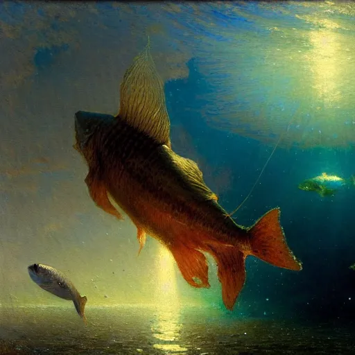 Image similar to point of view of deep in the ocean looking up, you see fishes, higher the milk way, night time, midnight. highly detailed painting by gaston bussiere, greg rutkowski 8 k