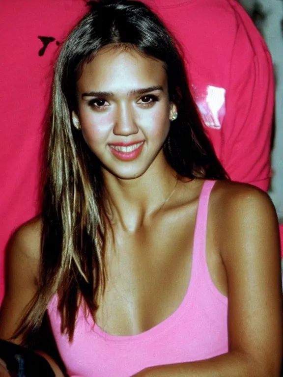 Image similar to hyperdetailed close shot of young jessica alba, with pink tank top with a logo, fine - face, pretty face