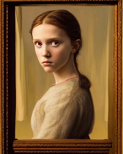 Image similar to a window - lit realistic portrait painting of a thoughtful girl resembling a young, shy, redheaded alicia vikander or millie bobby brown, lit by a window at the side, highly detailed, intricate, by leonardo davinci and rosetti