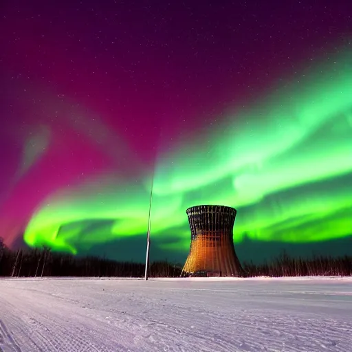 Prompt: northern lights shining over the chernobyl nuclear reactor