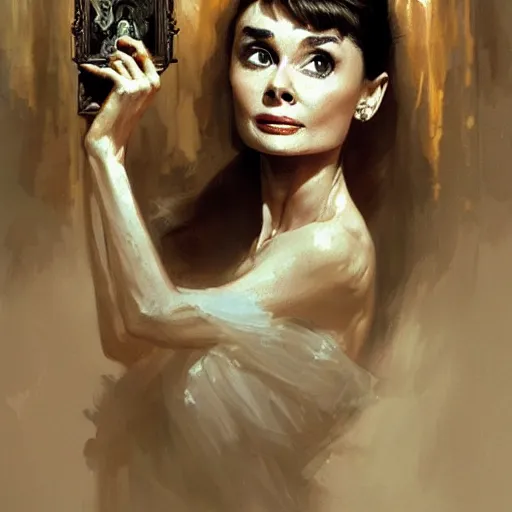 Prompt: audrey hepburn in a horror novel, inside haunted mansion, various scenarios, highly detailed, digital painting, artstation, art by gaston bussiere, greg rutkowski, j. c. leyendecker