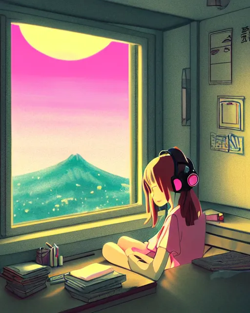 Prompt: detailed aesthetic lofi illustration of a girl listening to music studying in her messy room papers everywhere anime digital art award winning scenery cinematic scene sunset in japan by seerlight and studio ghibli subsurface scattering