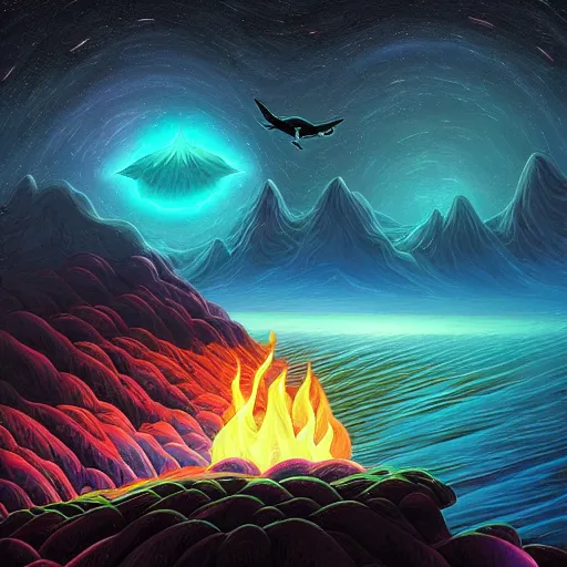 Prompt: Cosmic colorful ultima moongate, digital matte black paper art by Dan Mumford and by Cyril Rolando, Beautiful epic night fire seascape, art by Dan Mumford, Cyril Rolando, Shawn Coss, Junji Ito, and Jaya Su Berg