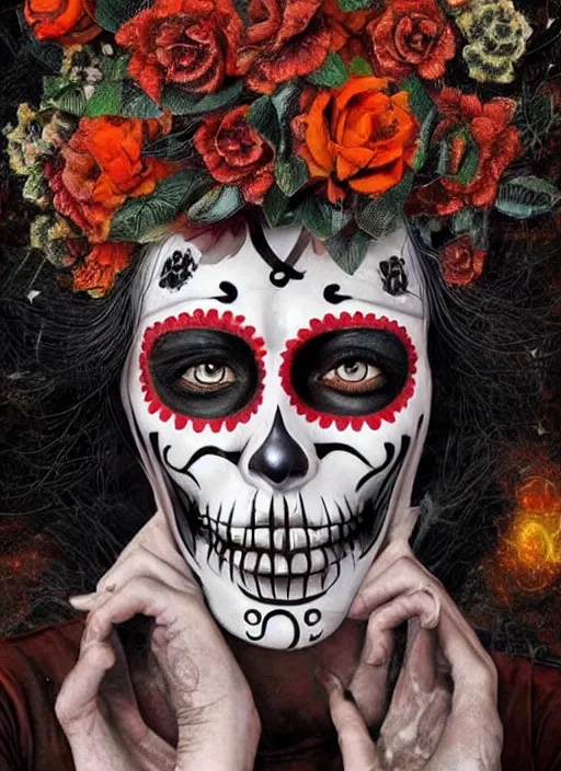 Image similar to dia de los muertos hombre theme surrealist art in the styles of igor morski, jim warren, and a tim burton film, intricate, hyperrealistic, accurate facial details, profile picture with chromakey!!!!! background, volumetric lighting