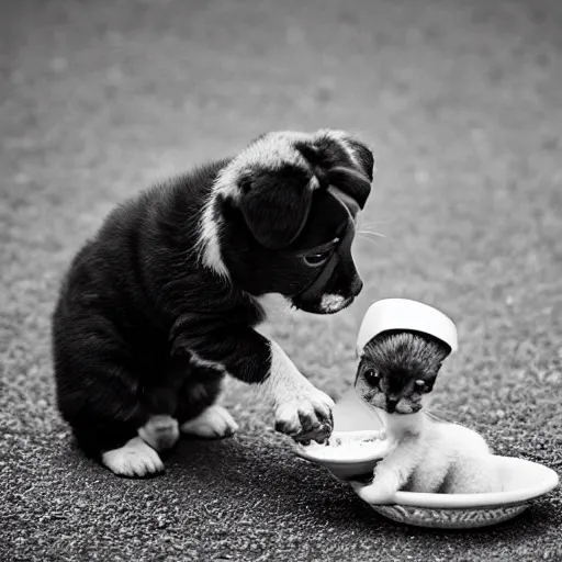 Image similar to black and white photography of a puppie sharing his meal with a small baby cat, animal photography, award winning photography by Leonardo Espina