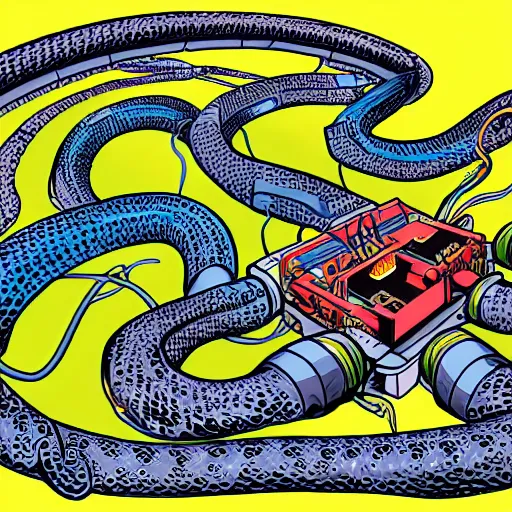 Image similar to detailed, intricate, colour, comic style illustration of a robotic hydra with jack cable tentacles, inside a huge cave made of pro audio equipment