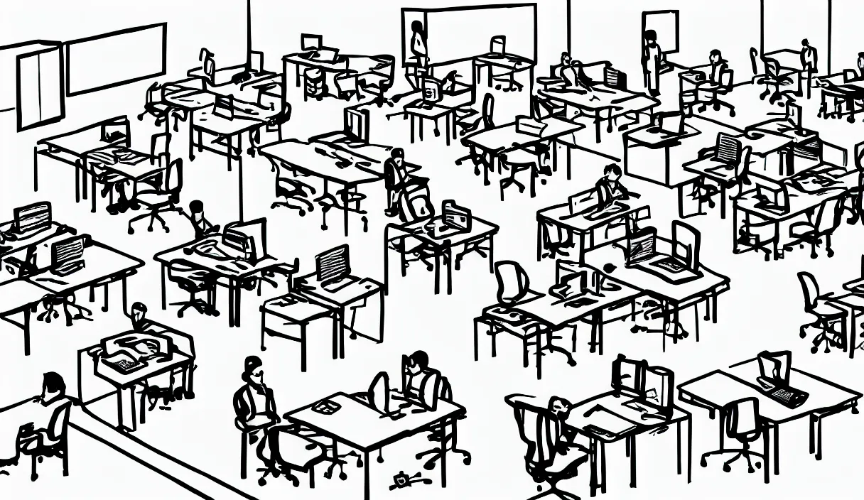 Prompt: a cartoon drawing of an office with desks chairs computers and other office equipment